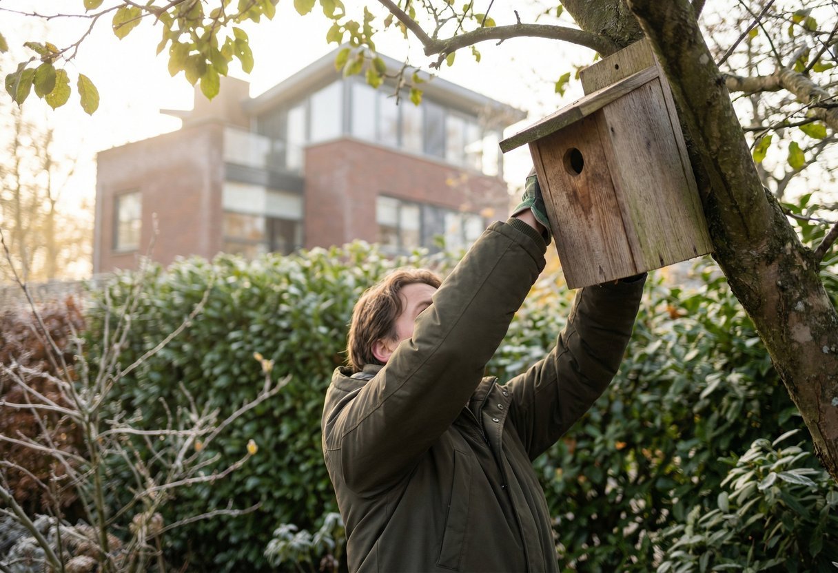 Vogels genieten van voedsel en beschutting in een wintertuin in maart