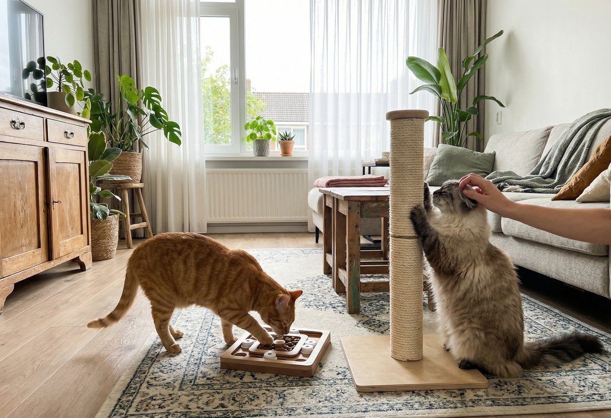 Een eenzame kat kijkt treurig uit het raam, beïnvloedt mentale gezondheid